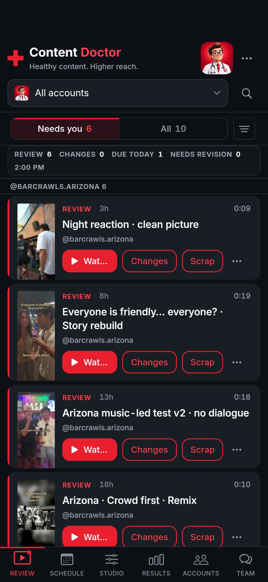 Content Doctor's review queue: Desert Events reels waiting for a decision, each with Watch, Changes and Scrap.