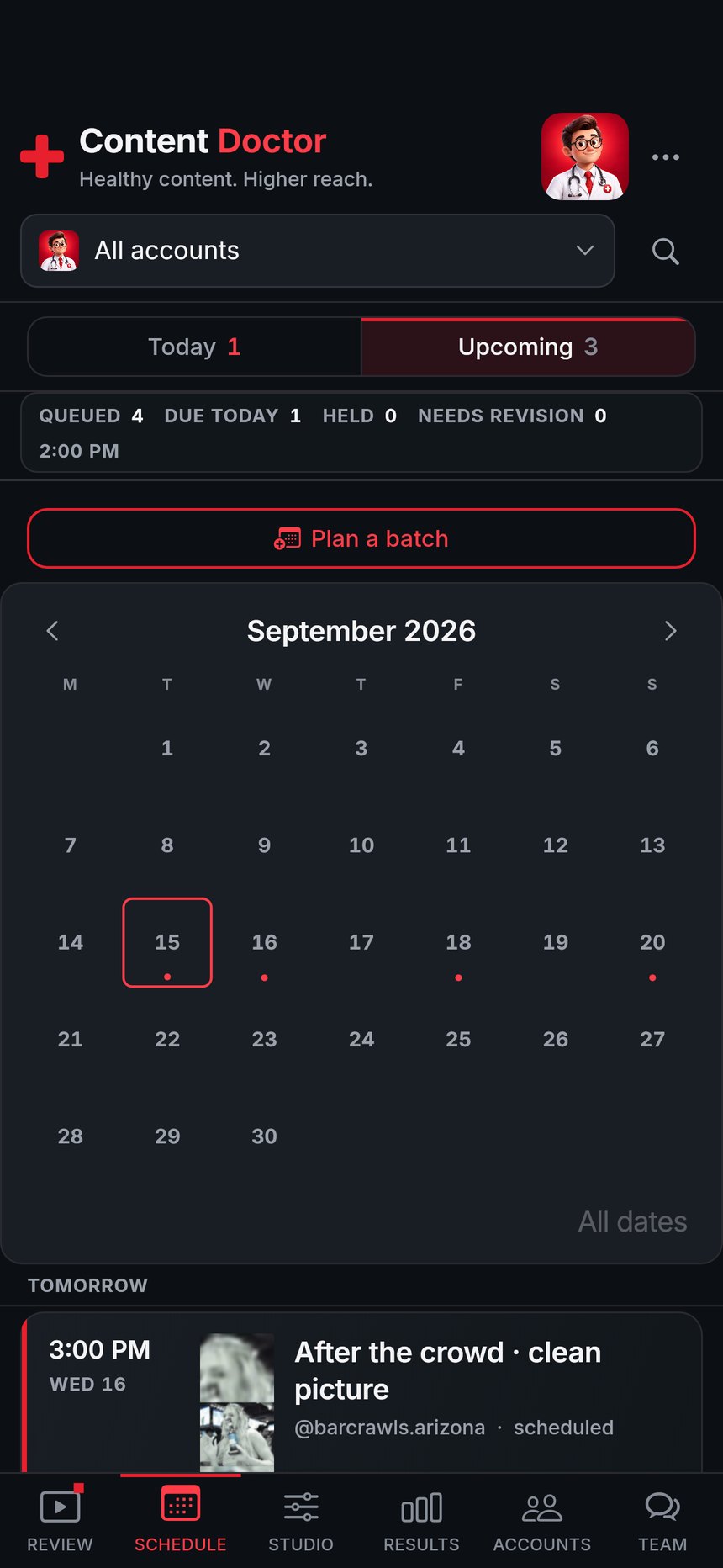 The Schedule tab: a monthly calendar with the days that have reels queued marked.